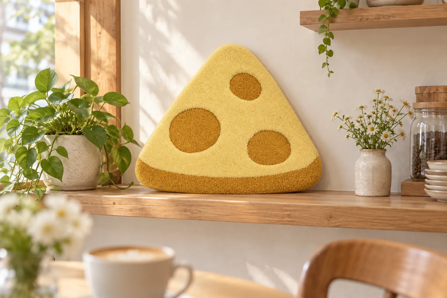お店の棚にチーズのラグを飾る制作イメージ