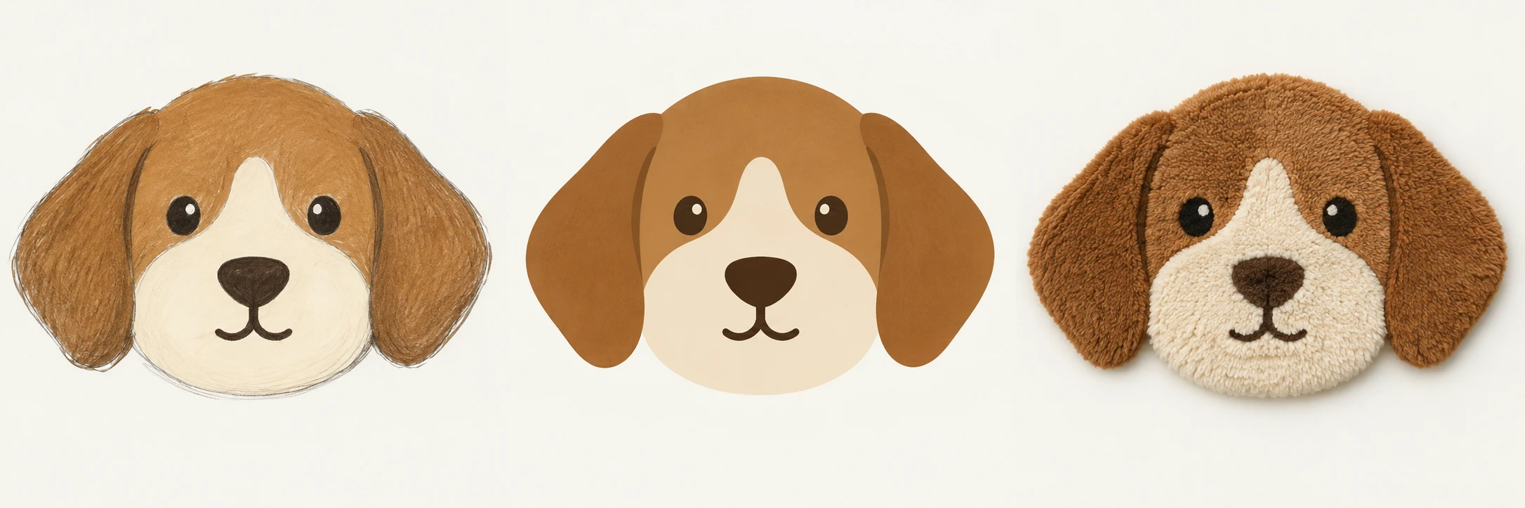 同じ犬のモチーフを原画から図案、立体へ検討する制作イメージ