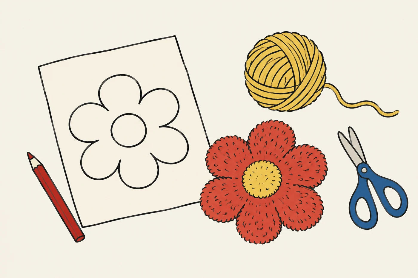花の図案、糸、道具を描いた制作室のイラスト